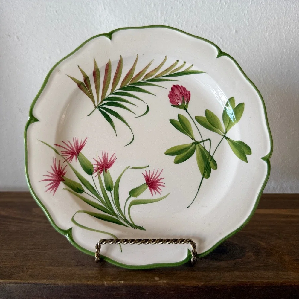 Vintage San Marco Nove Italy Botanical Floral Plate Scalloped Green Rim